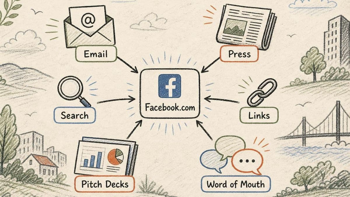 이메일, 언론, 검색, 링크, 투자 자료, 입소문 전반에 걸쳐 반복되는 Facebook.com을 보여주는 편집 다이어그램