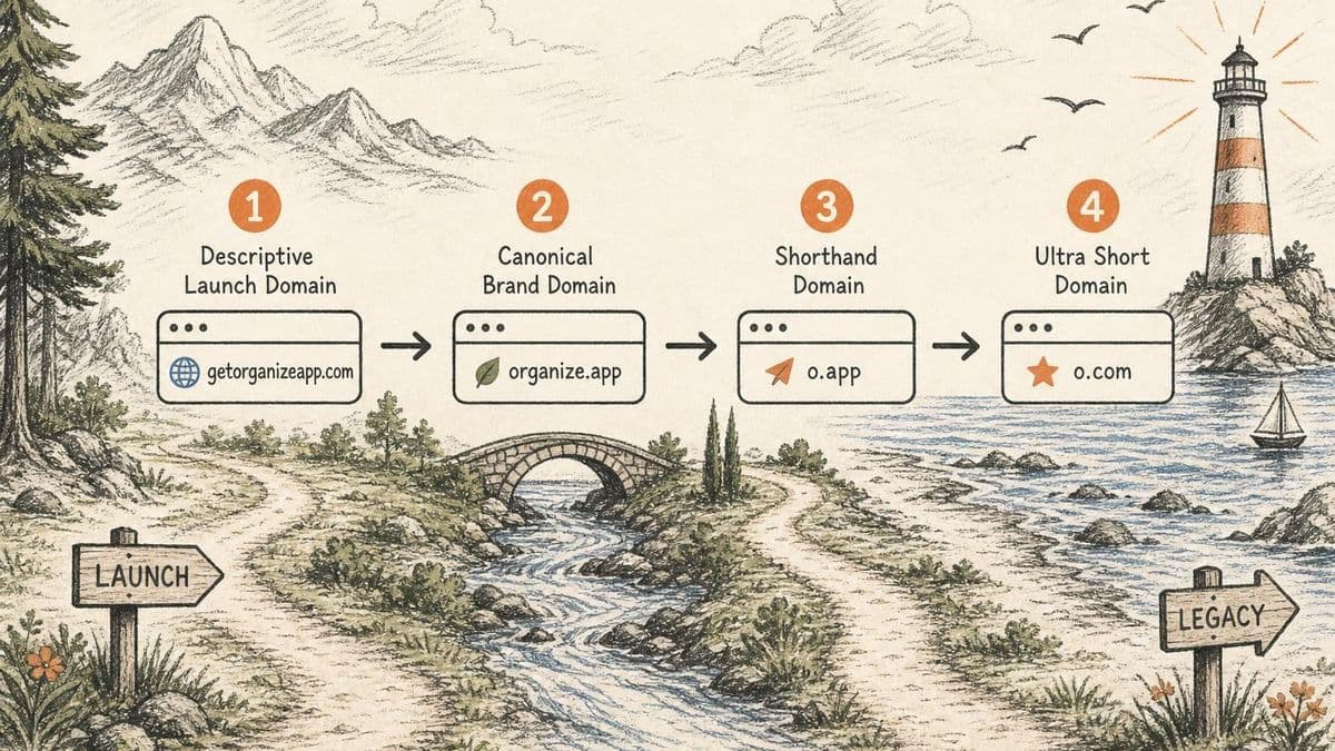 Editorial four-step diagram for founders moving from descriptive launch domain to canonical brand and shorthand domain