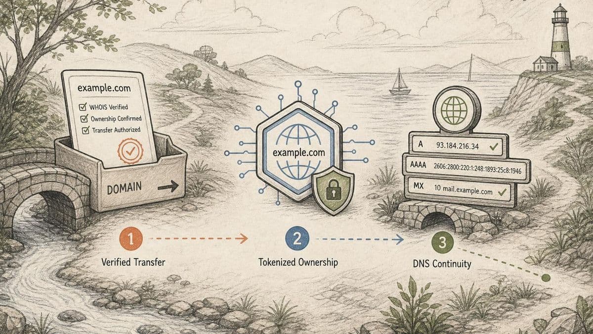 Editorial diagram of a premium domain moving through verified transfer, tokenized ownership, and DNS continuity
