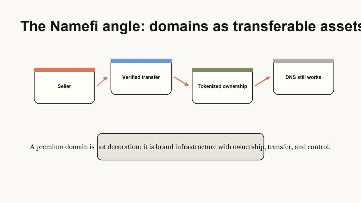 Editorial diagram of a premium domain moving through verified transfer, tokenized ownership, and DNS continuity