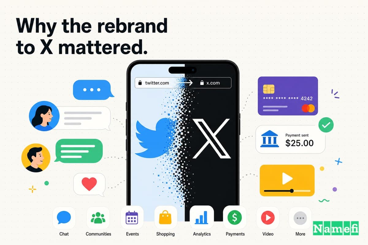 Colorful editorial illustration of the Twitter blue bird dissolving into a stark black X on a smartphone screen, the URL bar morphing from twitter.com to x.com, set against an "everything app" collage of chat bubbles, a payment card, and a video icon
