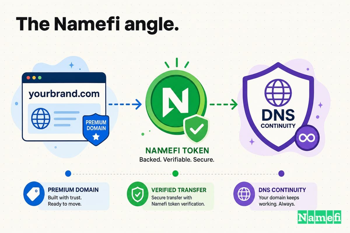 Colorful illustration of a premium domain moving through verified transfer, a green Namefi token, and DNS continuity