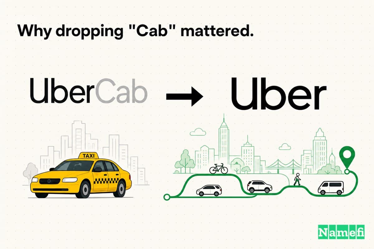 UberCab이 "Cab"이라는 단어와 노란 택시를 버리고 깔끔한 블랙 Uber 브랜드가 되는 과정을 표현한 컬러풀한 일러스트레이션