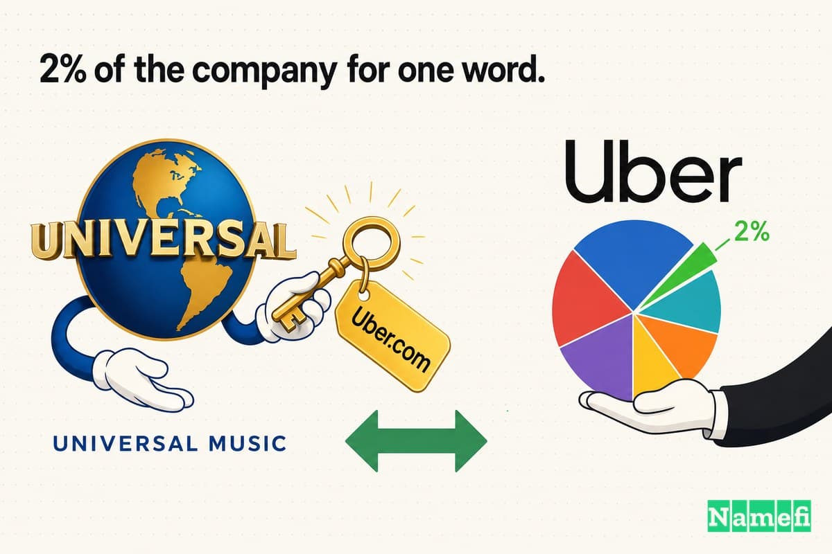 Colorful illustration of a domain-for-equity swap between Universal Music Group and Uber, trading 2 percent equity for the Uber.com domain
