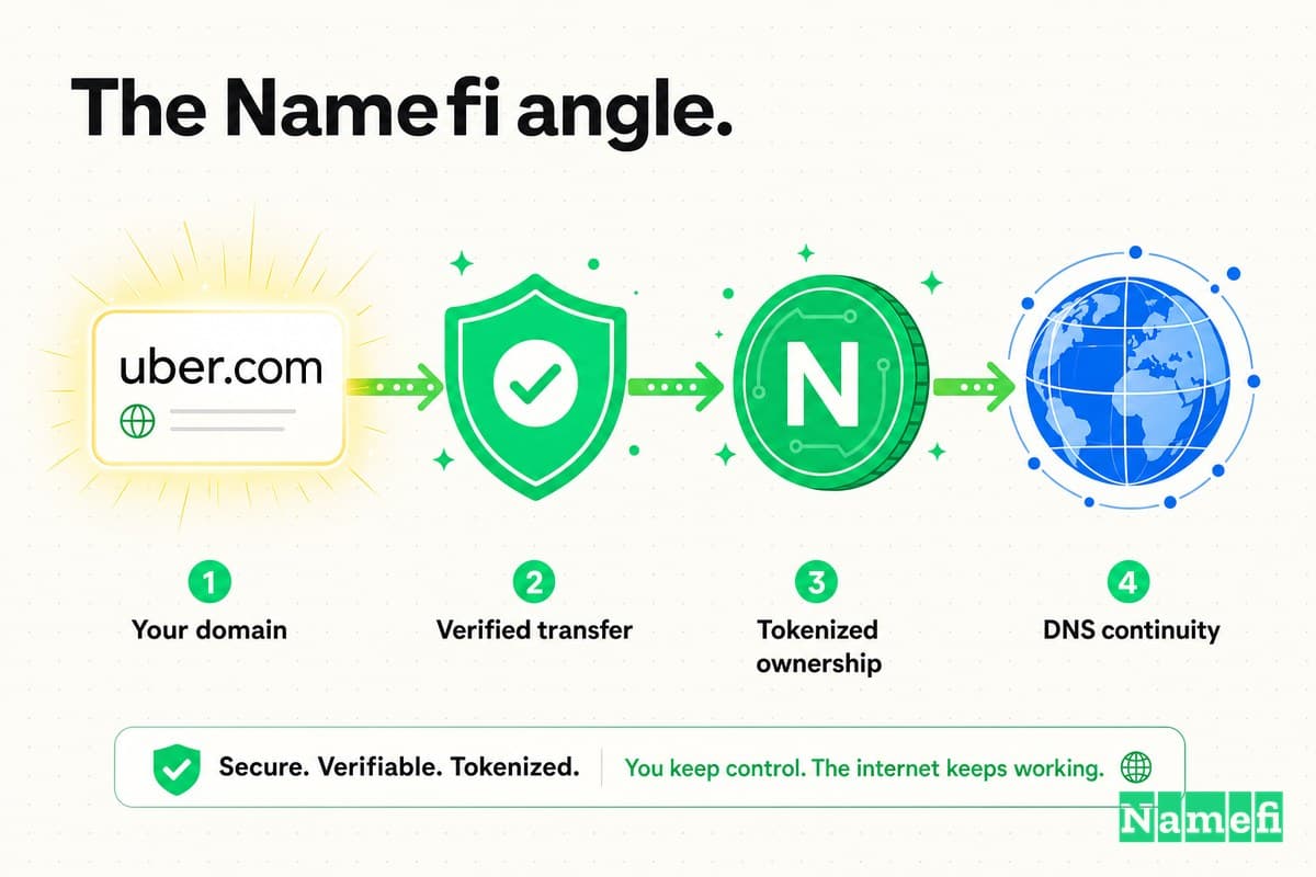 Colorful illustration of the uber.com domain flowing through verified transfer, a green Namefi token, and DNS continuity