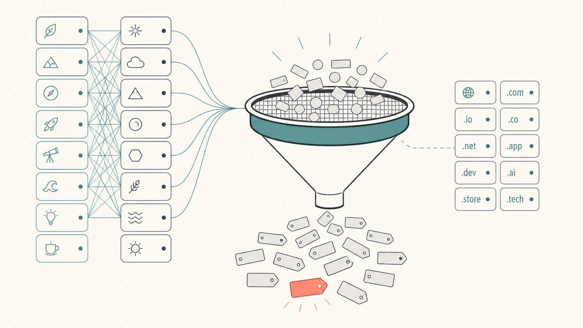 Editorial illustration of seed and modifier word-lists combining through a sieve into many domain tags with one rare gem highlighted