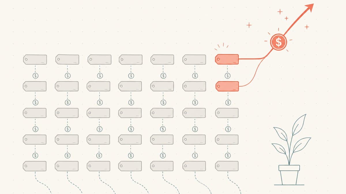Editorial illustration of a grid of dormant domain tags draining renewal costs while one rare tag rises with a sale arrow