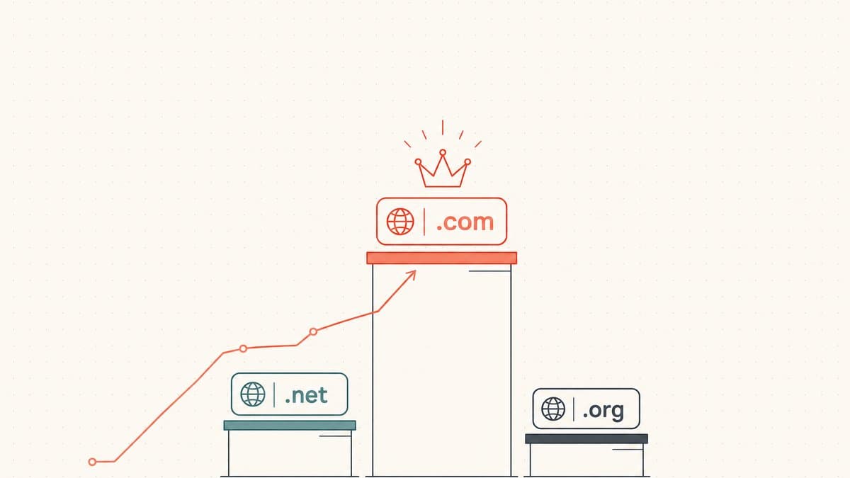 같은 도메인 단어를 세 가지 확장자로 가격을 책정한 편집 일러스트. .com이 가장 높은 연단 위에서 최고 가격을 기록하며 상승 곡선을 보여줌