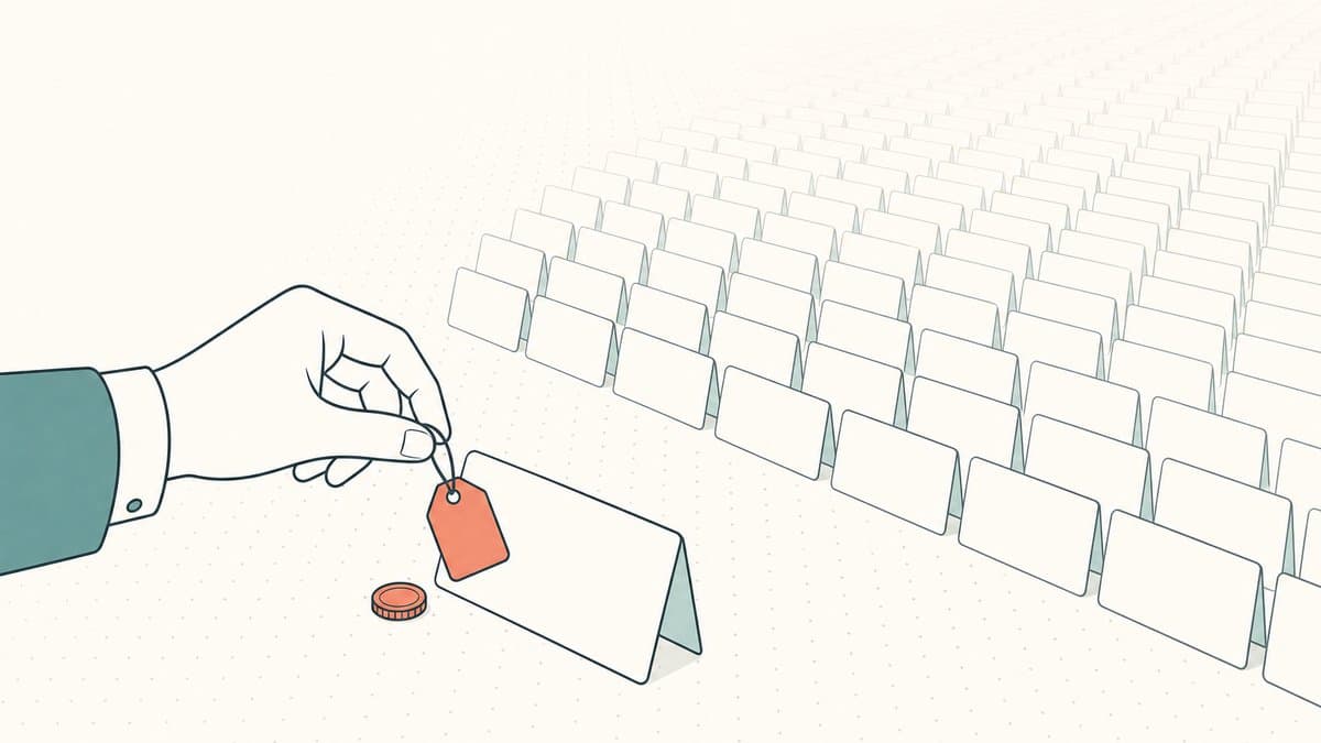 Editorial illustration of a hand placing a coral price tag on one fresh blank name card in front of an endless wall of identical empty cards