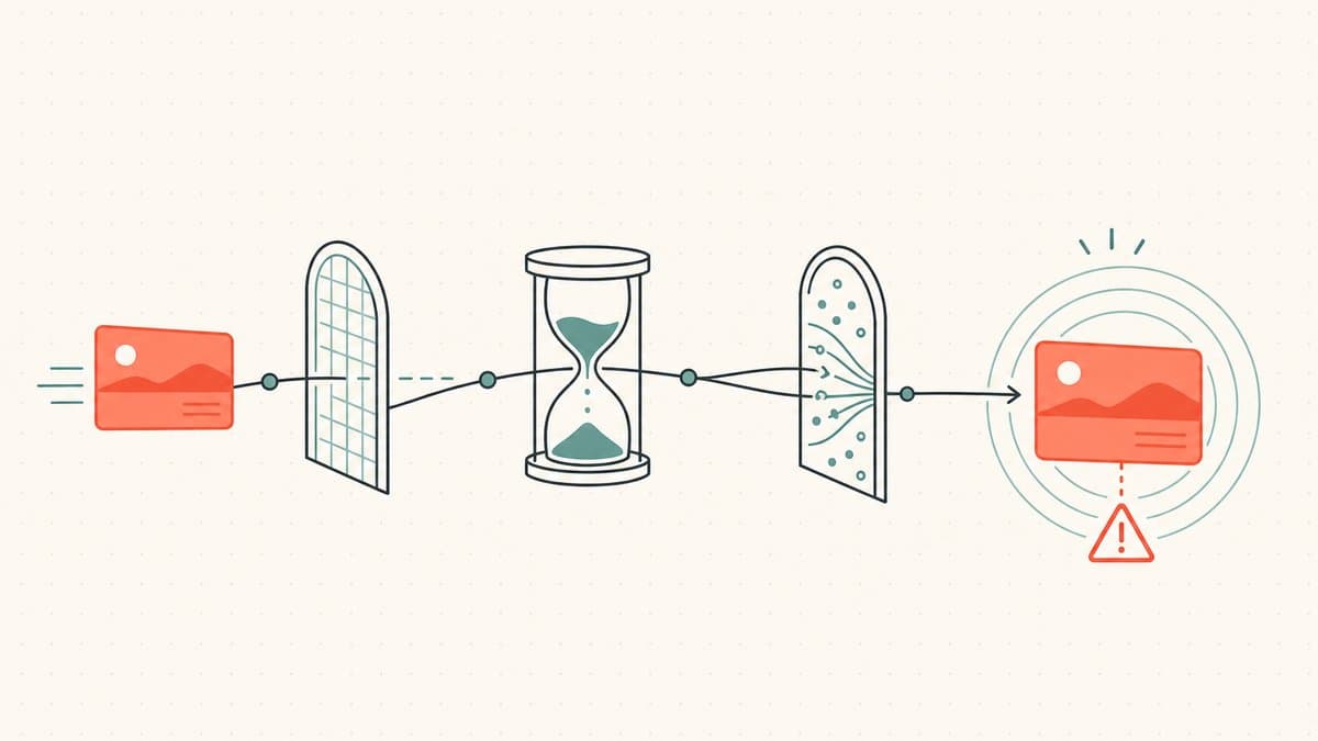 Editorial illustration of a domain card moving along a timeline through grace-period gates and an hourglass, arriving with rings of age and traffic plus a warning triangle for inherited risk