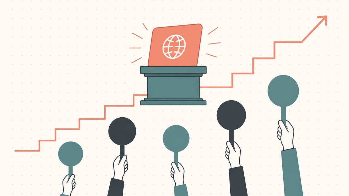 Editorial illustration of a domain card on an auction pedestal with multiple raised bidding paddles below and a rising stepped price line climbing to the right