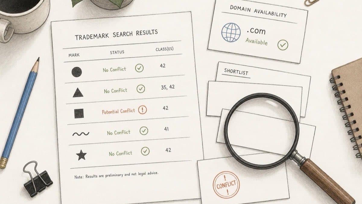 Editorial flat-lay of name due diligence: a trademark search result, a domain availability card, and a magnifying glass over a shortlist