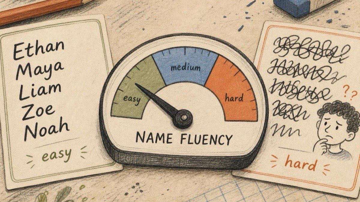 Editorial illustration of a fluency gauge: a smooth, easy-to-read name card on one side and a tangled, hard-to-pronounce card on the other