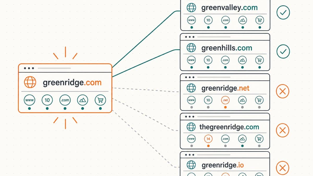 Editorial illustration of a target domain card linked by solid lines to matching comparable domains and by faint dashed lines to mismatched ones