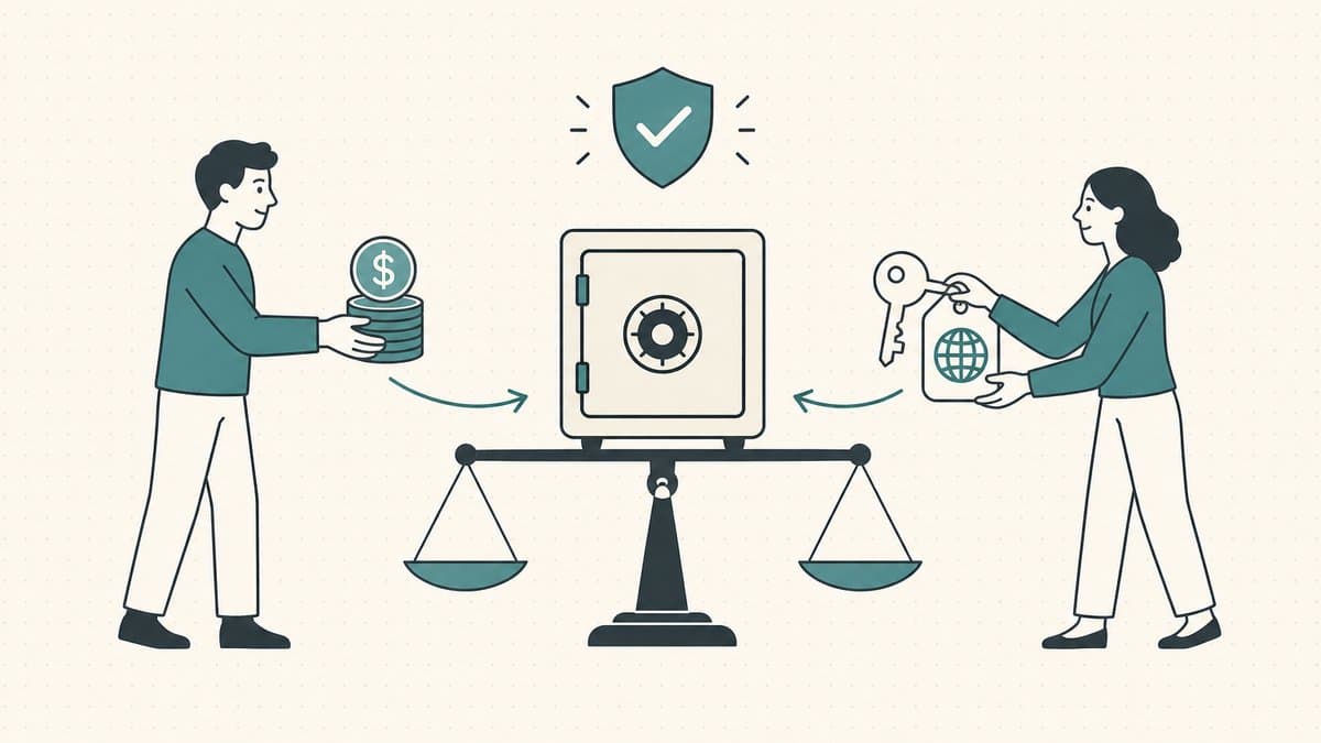 Editorial illustration of an escrow vault on a balanced scale, with a buyer placing coins in from one side and a seller handing over a domain key from the other