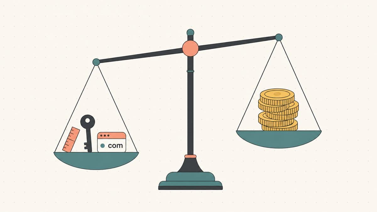 Editorial illustration of a balance scale with one pan holding small abstract icons for length, keyword, and extension, and the other pan holding a stack of coins