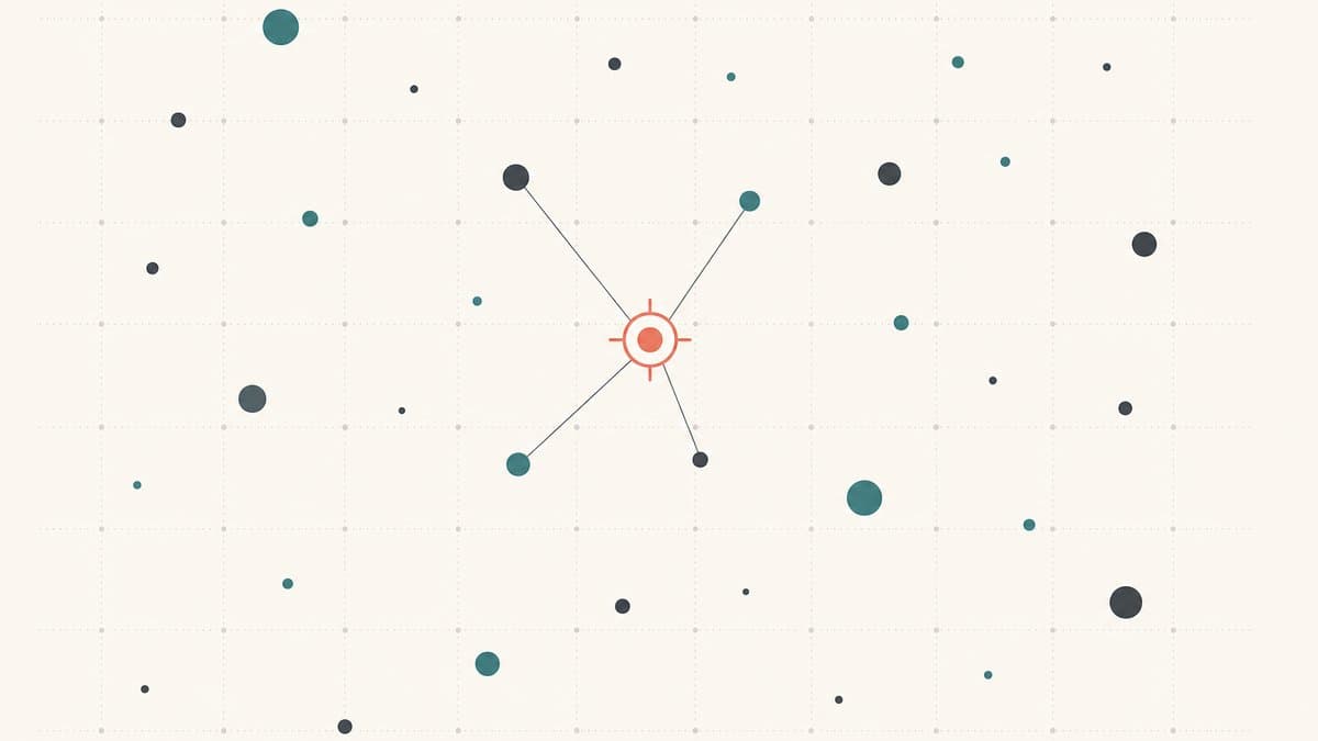 Editorial illustration of a light grid scattered with small dots of varying sizes representing past sales, one accent-colored target marker connected by thin lines to its nearest neighbors