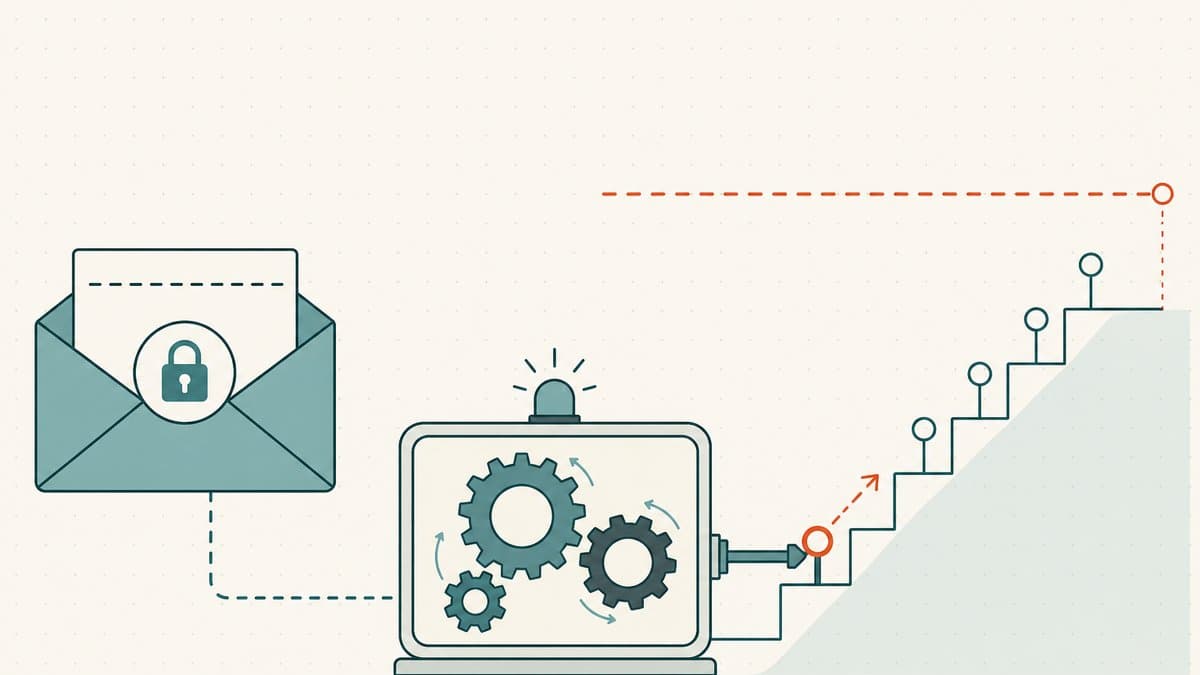 Editorial illustration of a sealed envelope holding a hidden maximum bid feeding into a gear-driven machine that steps a bid up only as high as needed, stopping below a hidden ceiling line