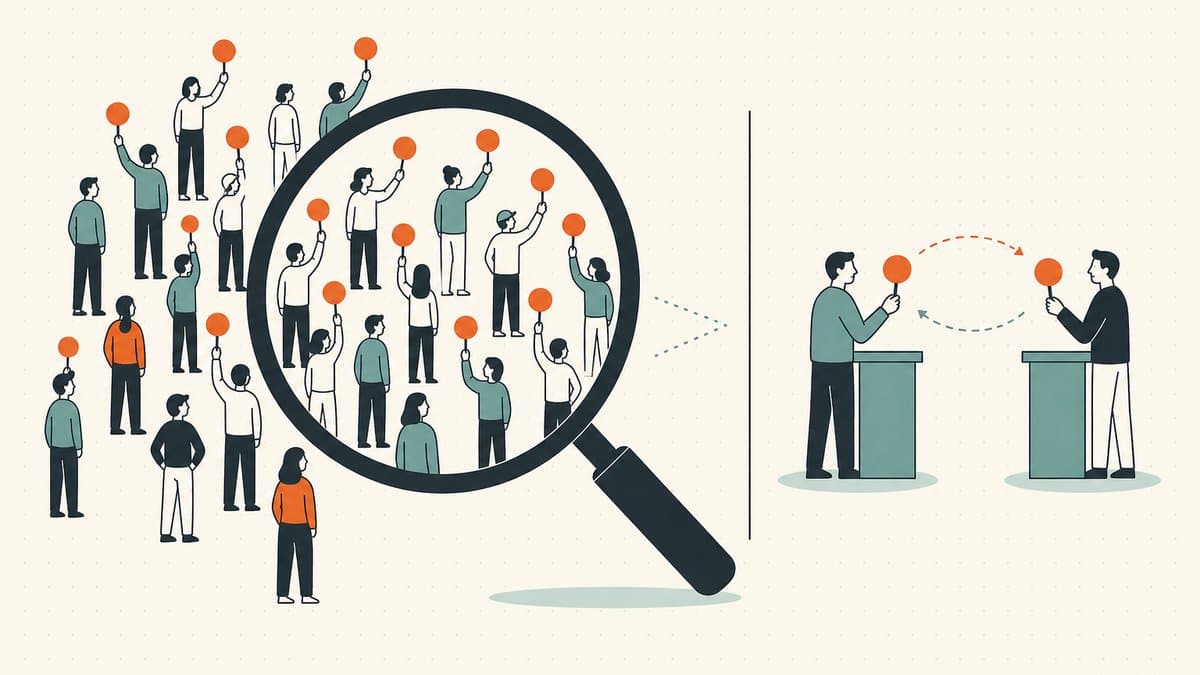 Editorial illustration of a magnifying glass examining a crowd of many distinct bidders raising paddles versus just two figures dueling back and forth