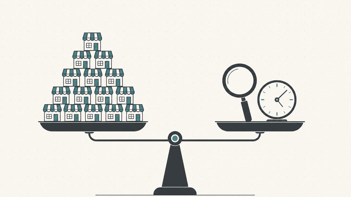 Editorial illustration of a balance scale weighing a stack of storefronts representing scalable leverage against a magnifying glass and clock representing targeted labor