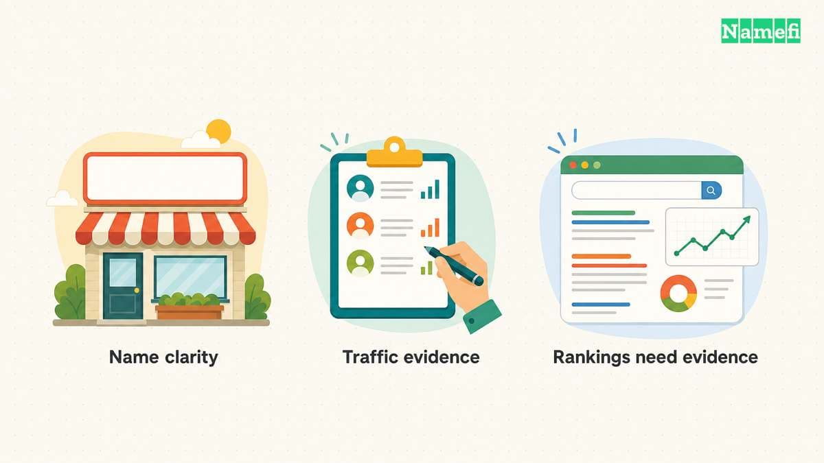 Evaluate name clarity, traffic evidence, and evidence for rankings