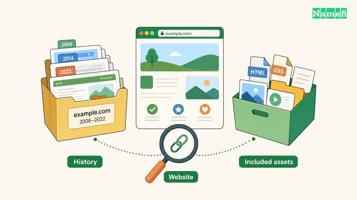 Read the evidence in context: Domain history, Current website, Included assets