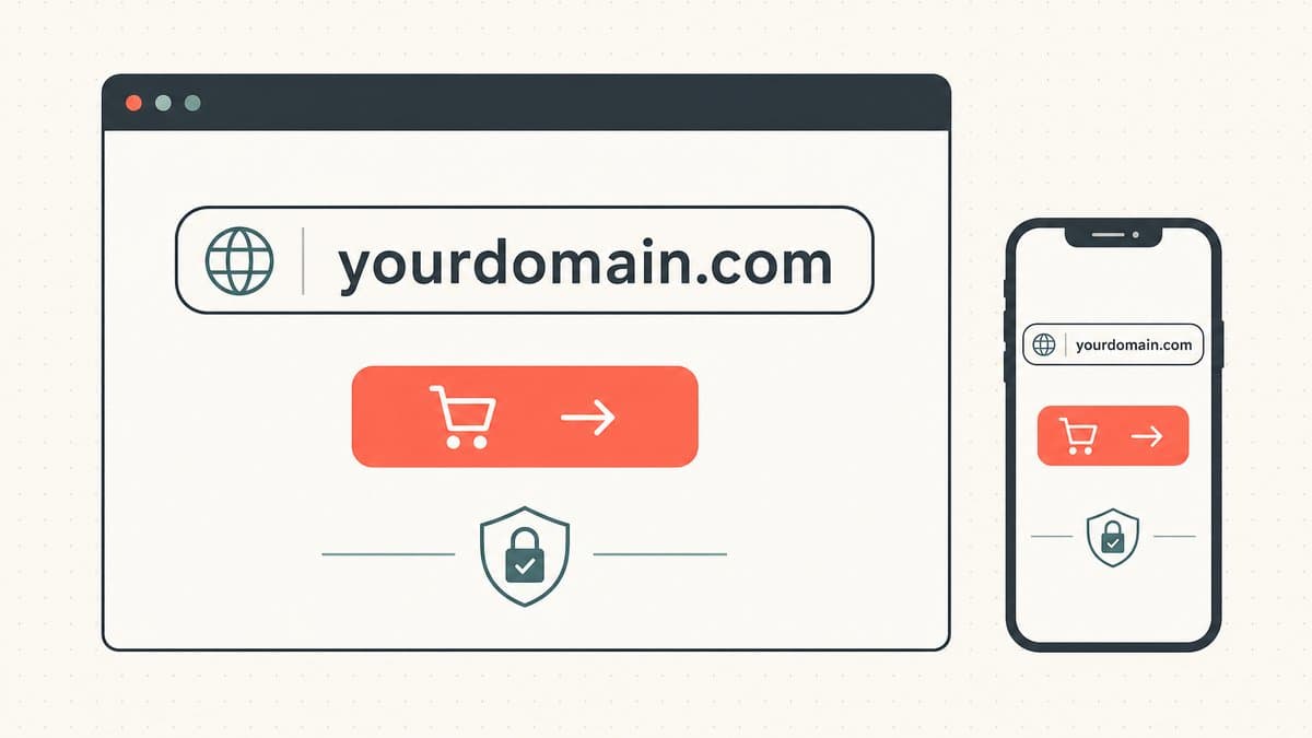 Editorial illustration of a focused for-sale landing page showing a domain name bar, a single clear action button, and an escrow trust shield, with the same page fitting neatly on a phone