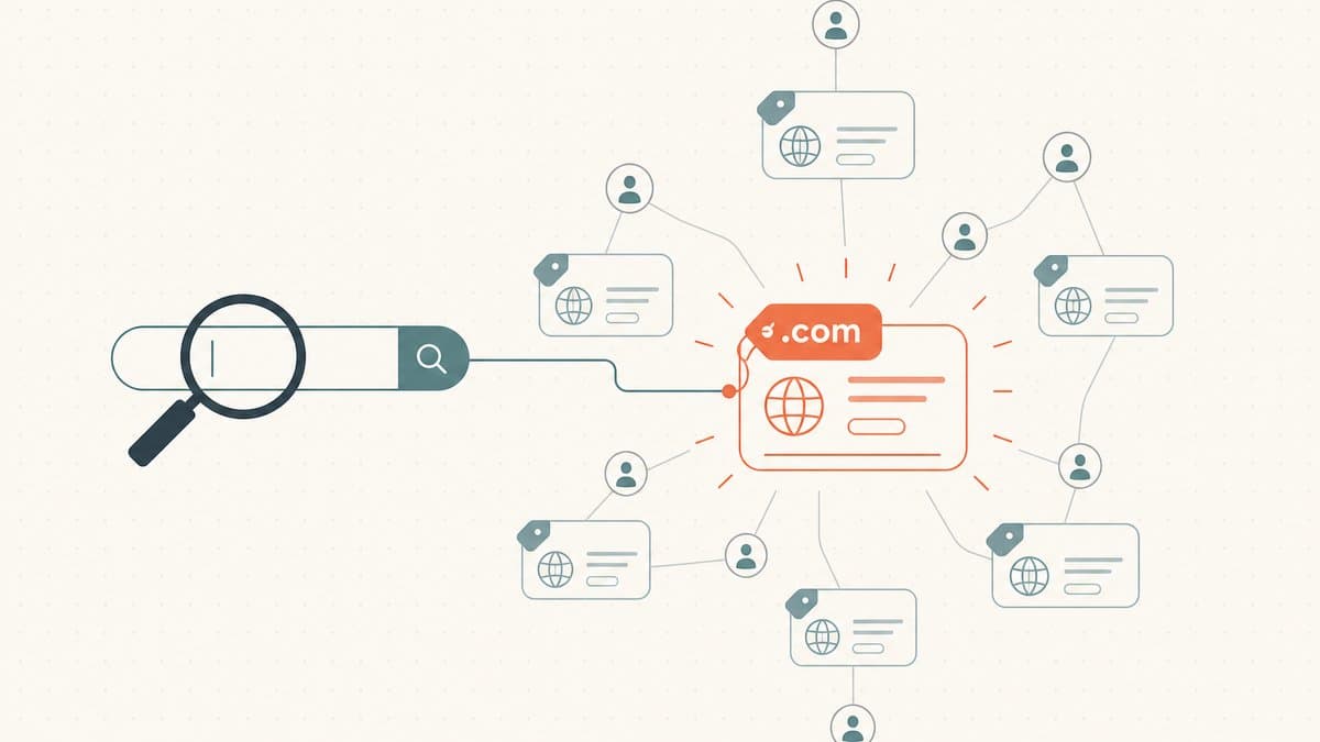 Editorial illustration of a search bar and magnifying glass connecting to one highlighted domain listing card that sits inside a network of buyer nodes and competing listings