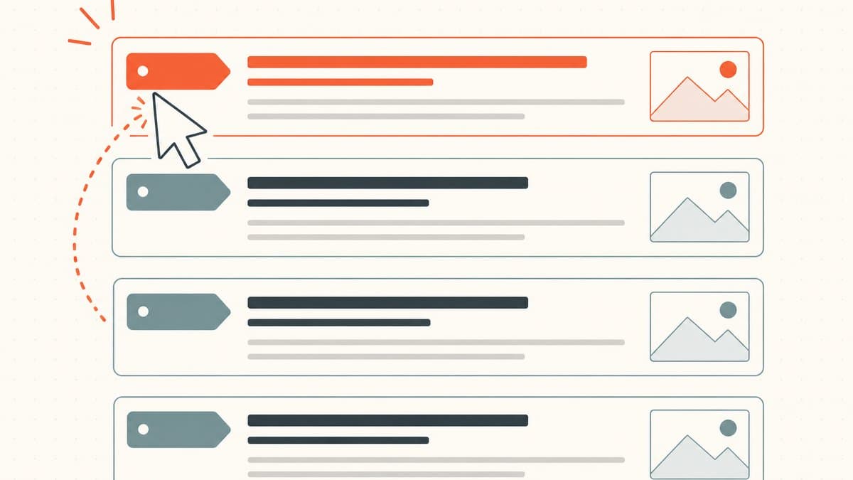 Editorial illustration of a stack of marketplace search-result rows with the top row highlighted and its domain tag leading the row as a cursor points to it