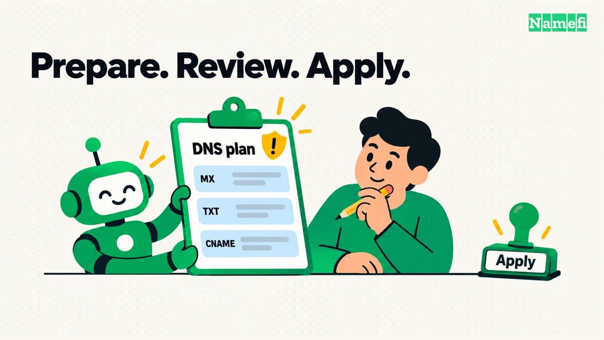 An agent presents a DNS plan for a person to review, while an Apply stamp sits unused beside it.