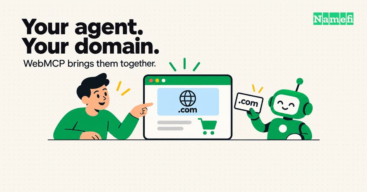 A person and an agent work together on a domain page, with a domain card and shopping cart.
