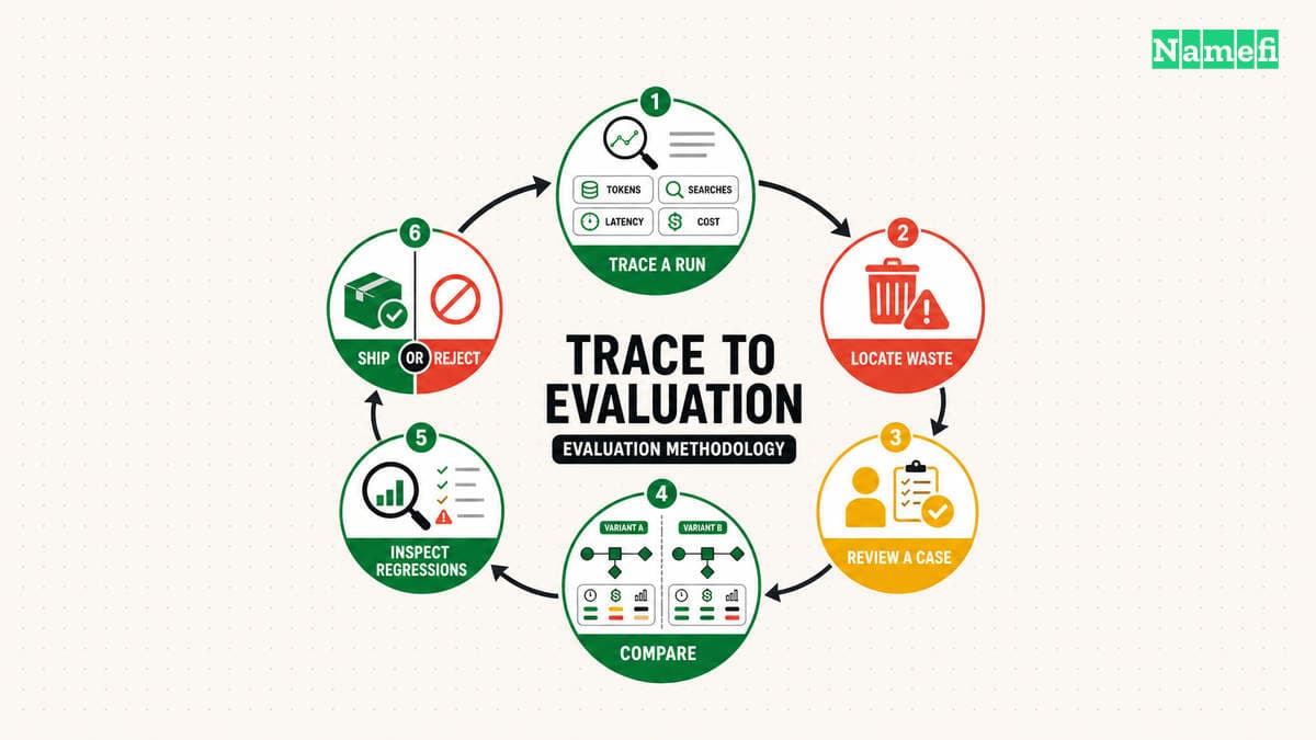 Circular trace-to-evaluation methodology showing a run being traced for tokens, searches, latency, and cost, followed by waste identification, human case review, architecture comparison, regression inspection, and a ship-or-reject decision