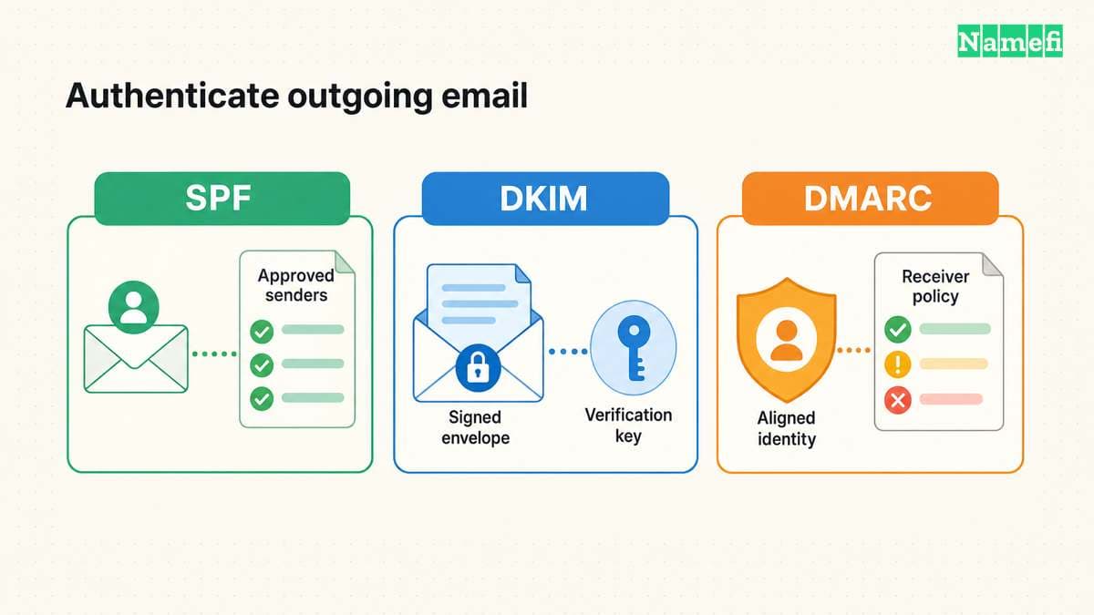 SPF, DKIM, and DMARC address different parts of outgoing email authentication.