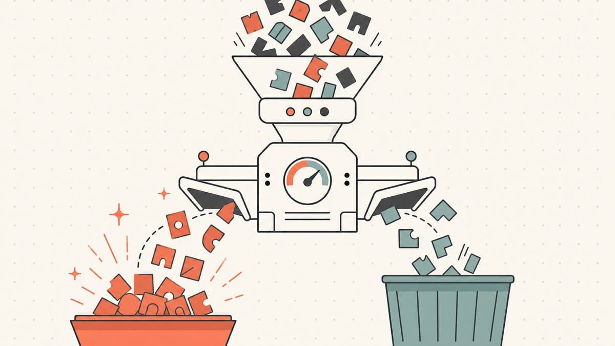 Editorial illustration of a sorting machine splitting letter-block tiles into a coral premium keeper tray and a muted teal discard bin, the way consonant Chips are prized and vowels discounted
