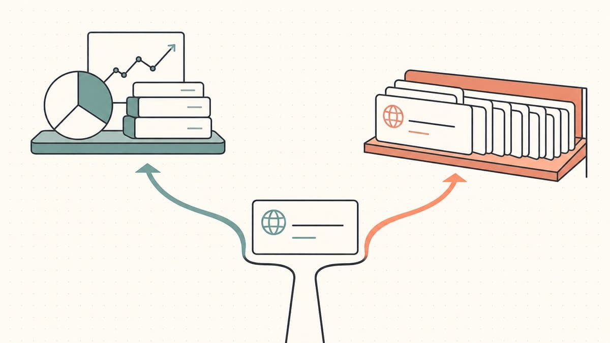 Editorial illustration of a single domain name forking into two paths, one toward an investment portfolio stack as a capital asset and the other toward a rack of identical cards held as inventory for sale