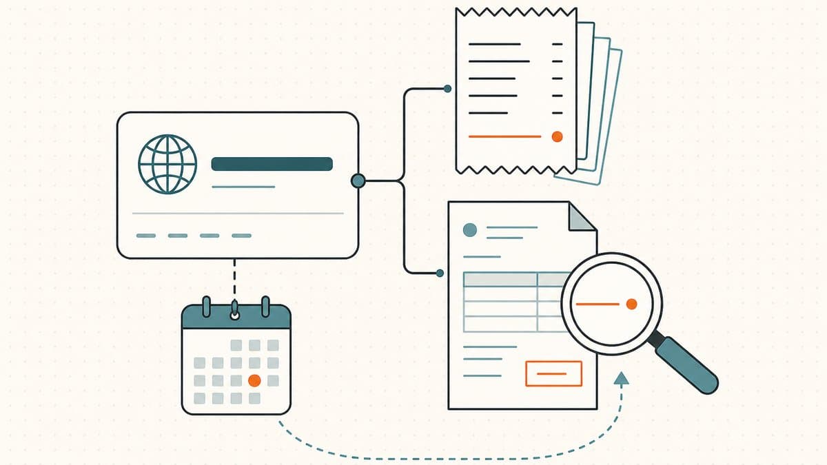 Editorial illustration of a domain name card linked to receipts, an invoice under a magnifying glass, and a calendar marking the acquisition date, representing documented cost basis records
