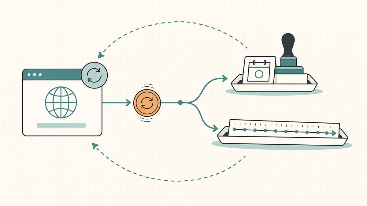 Editorial illustration of a recurring renewal cost flowing from a domain card to a fork between deducting it in a single year and amortizing it across a long multi-year timeline