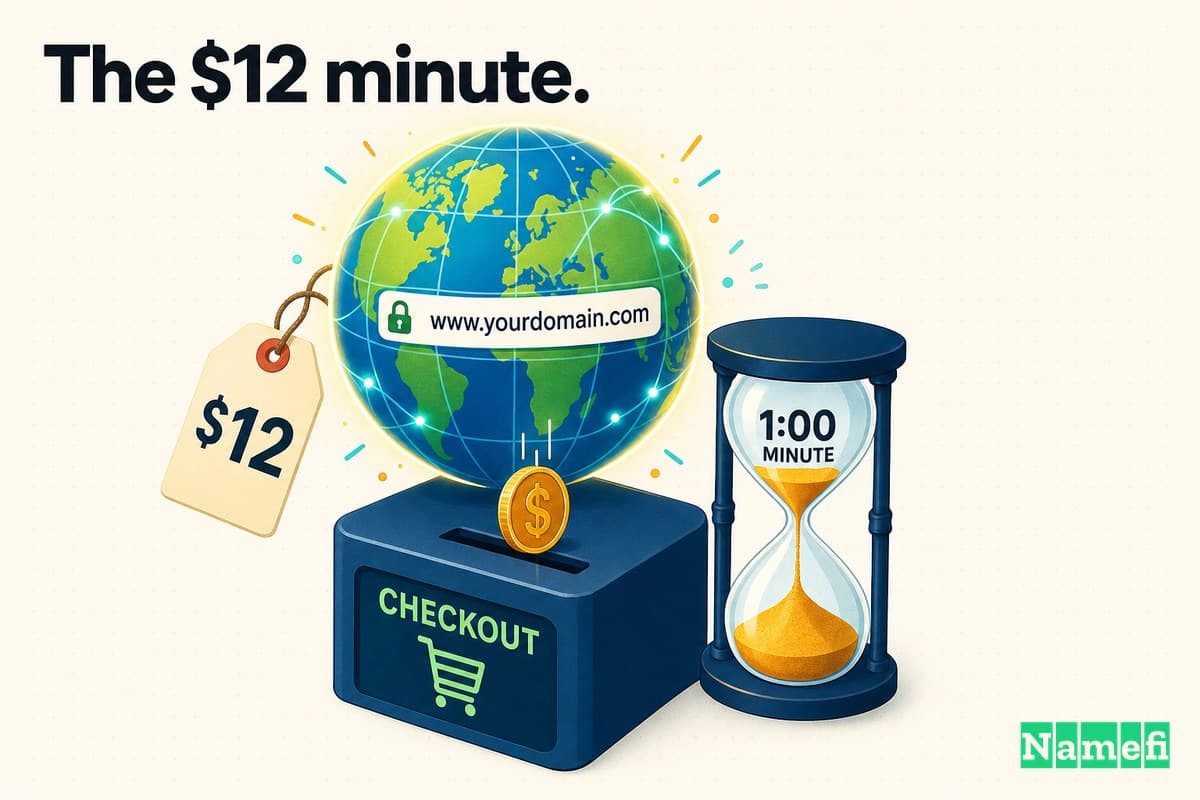 Vivid colorful concept art of a glowing globe-shaped domain wearing a tiny twelve-dollar price tag, a single coin dropping into a checkout slot as a one-minute hourglass begins to run
