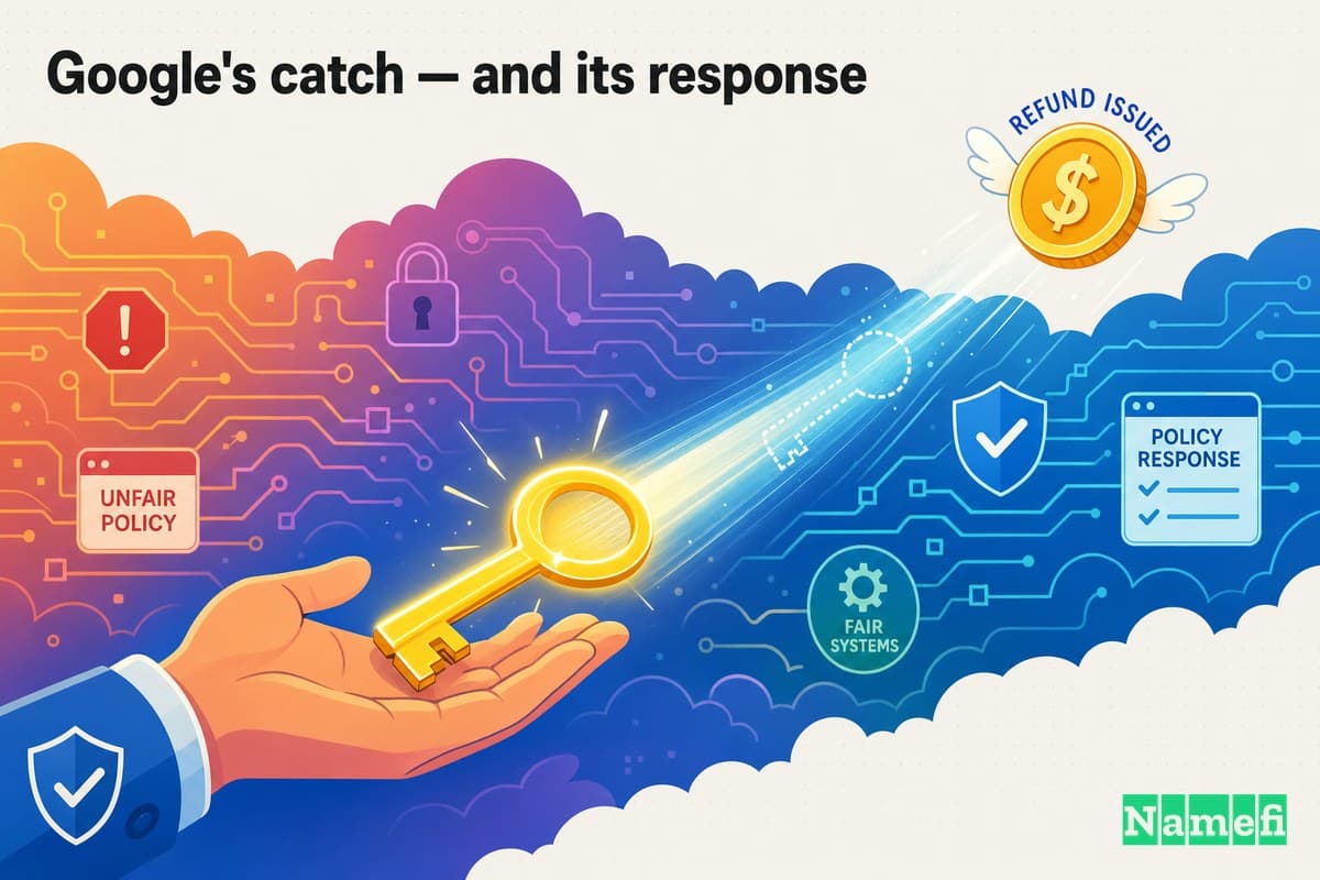 Vivid colorful concept art of a giant glowing key held briefly in an open hand, then gently pulled back by a beam of light, against a colorful circuit-board sky with a refunded coin floating away