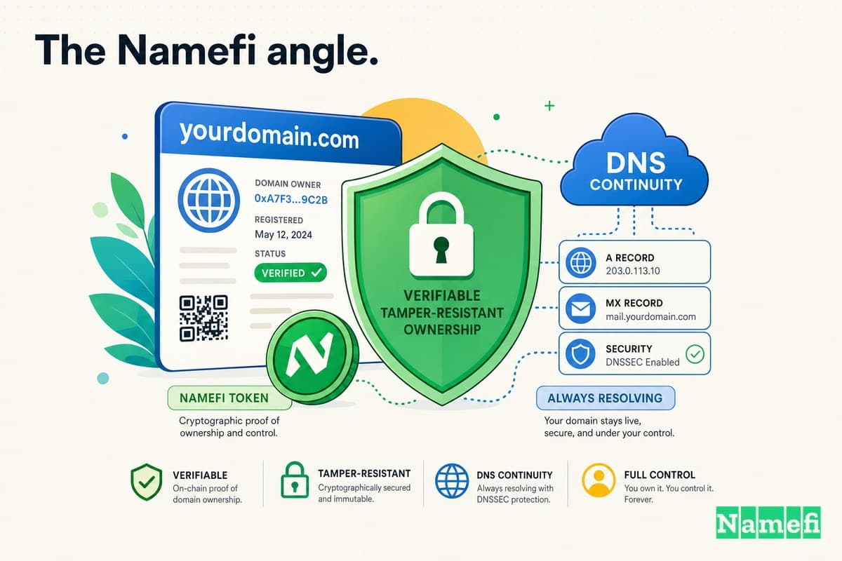 Colorful illustration of verifiable, tamper-resistant domain ownership — a domain card secured by a green shield, a green Namefi token, and DNS continuity