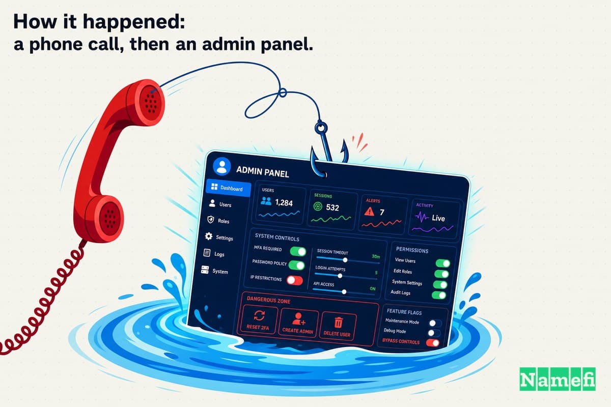 Vivid colorful concept art of a telephone handset cast like a fishing line, its hook snagging the dashboard of a glowing internal control panel covered in switches and toggles