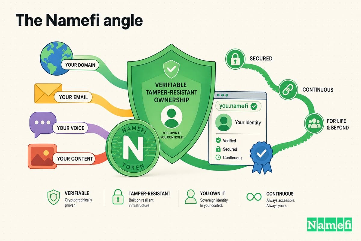 Colorful illustration of verifiable, tamper-resistant ownership of an online identity — secured by a green shield, a green Namefi token, and continuity