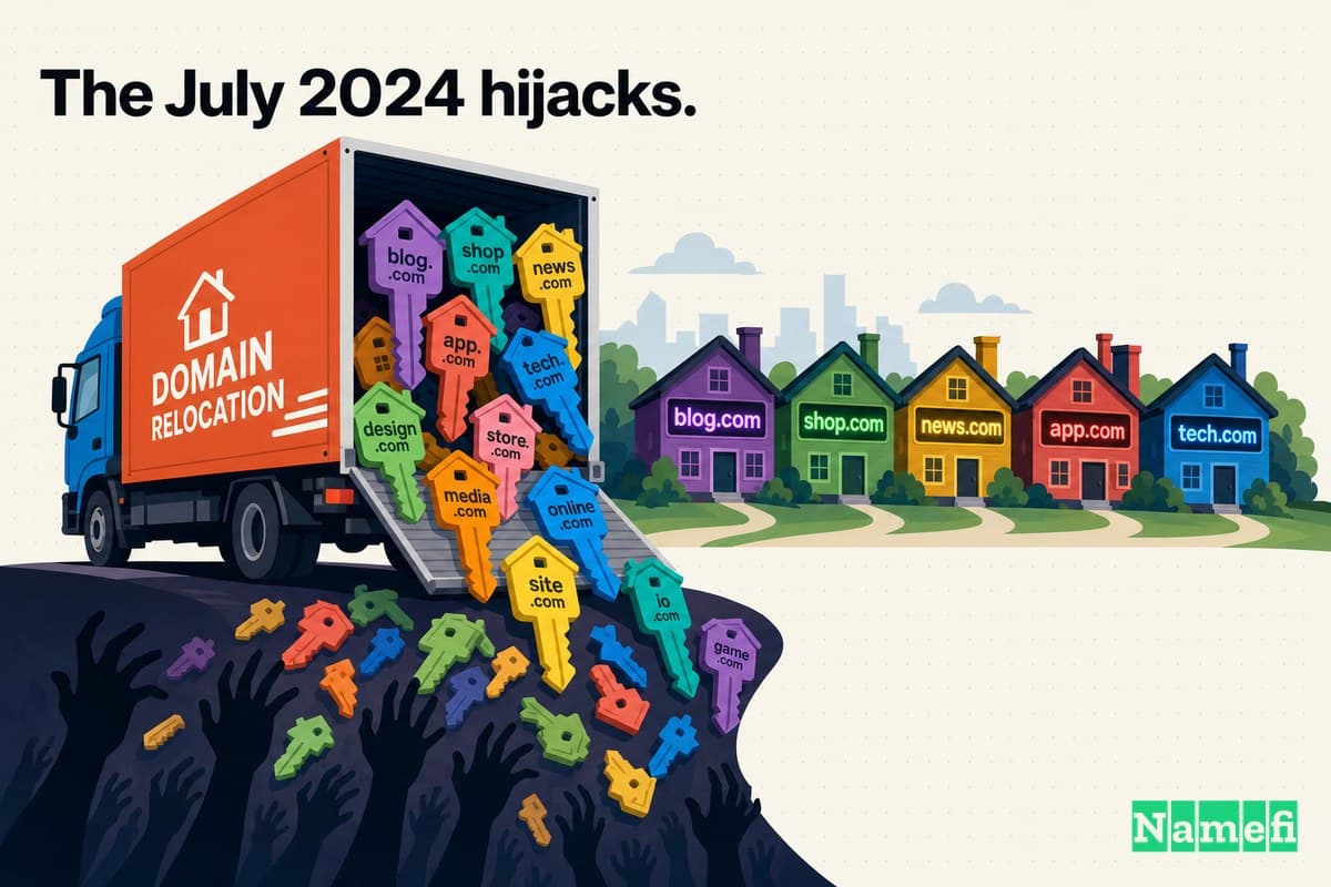 Vivid colorful concept-art illustration of a mass migration of domain-house keys spilling out of a moving truck during a relocation, some keys tumbling into shadowy reaching hands, a row of small houses each labeled with a glowing web address
