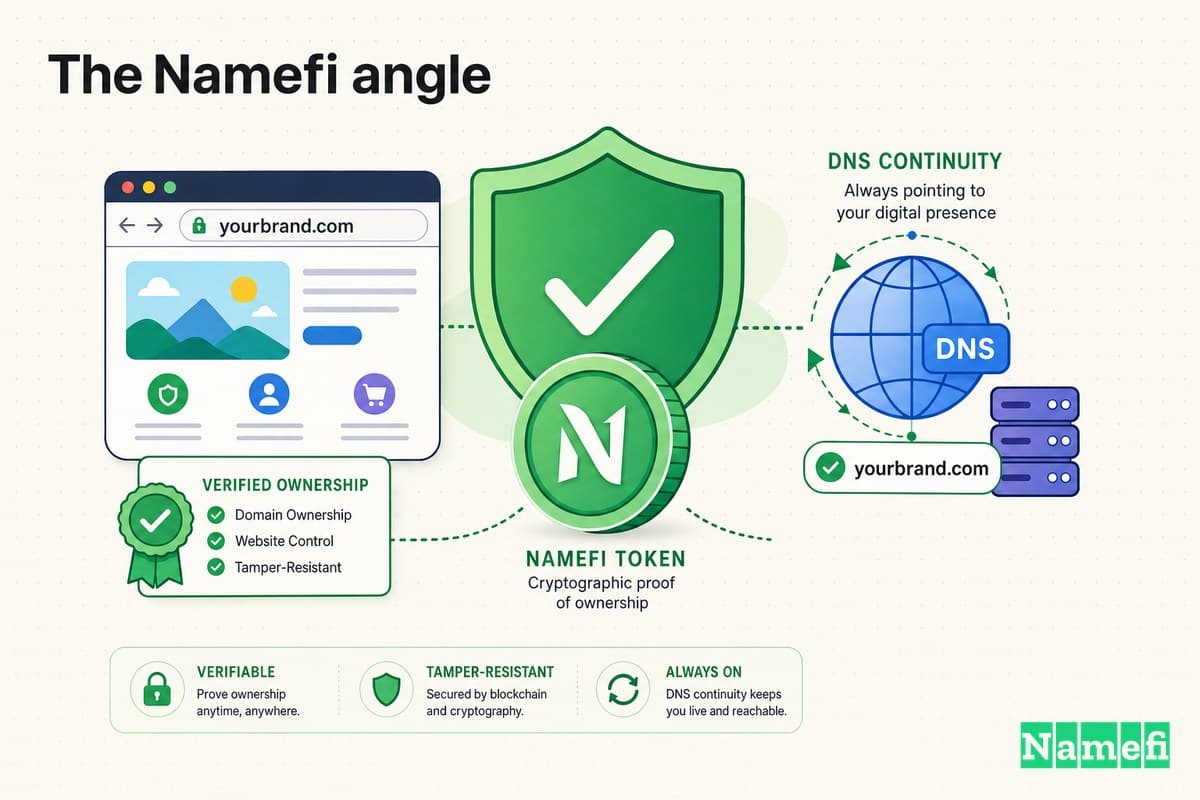 Colorful illustration of verifiable, tamper-resistant domain and web ownership — secured by a green shield, a green Namefi token, and DNS continuity
