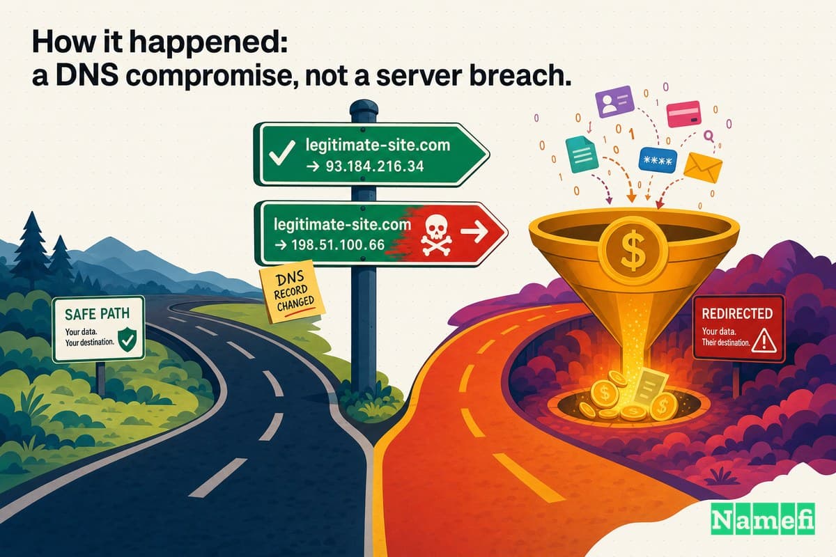 Vivid colorful concept art of a redirected road signpost at a glowing fork, one arrow secretly repainted to point traffic toward a golden funnel trap shaped like a coin, the original safe path left dark
