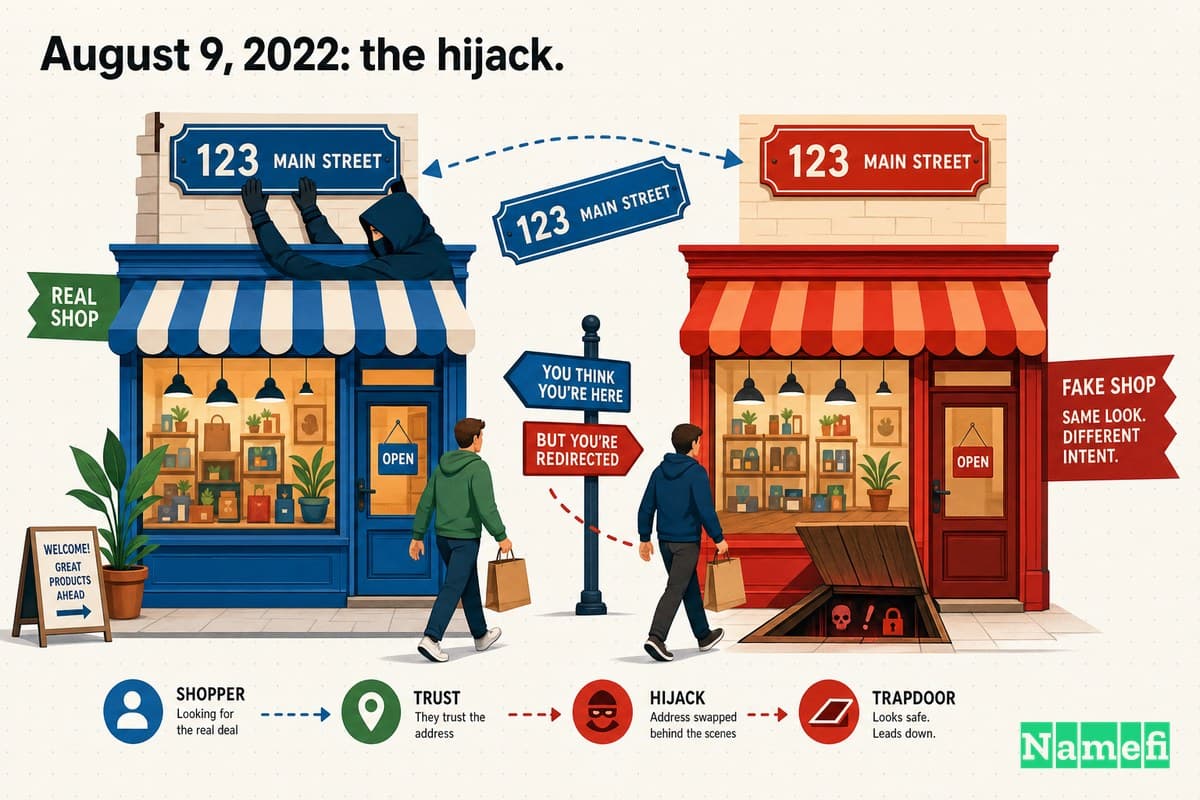 Vivid colorful concept art of a storefront whose address sign is being swapped to redirect shoppers into an identical fake shop with a hidden trapdoor floor, warm and cool tones, surreal security metaphor, no brand logos