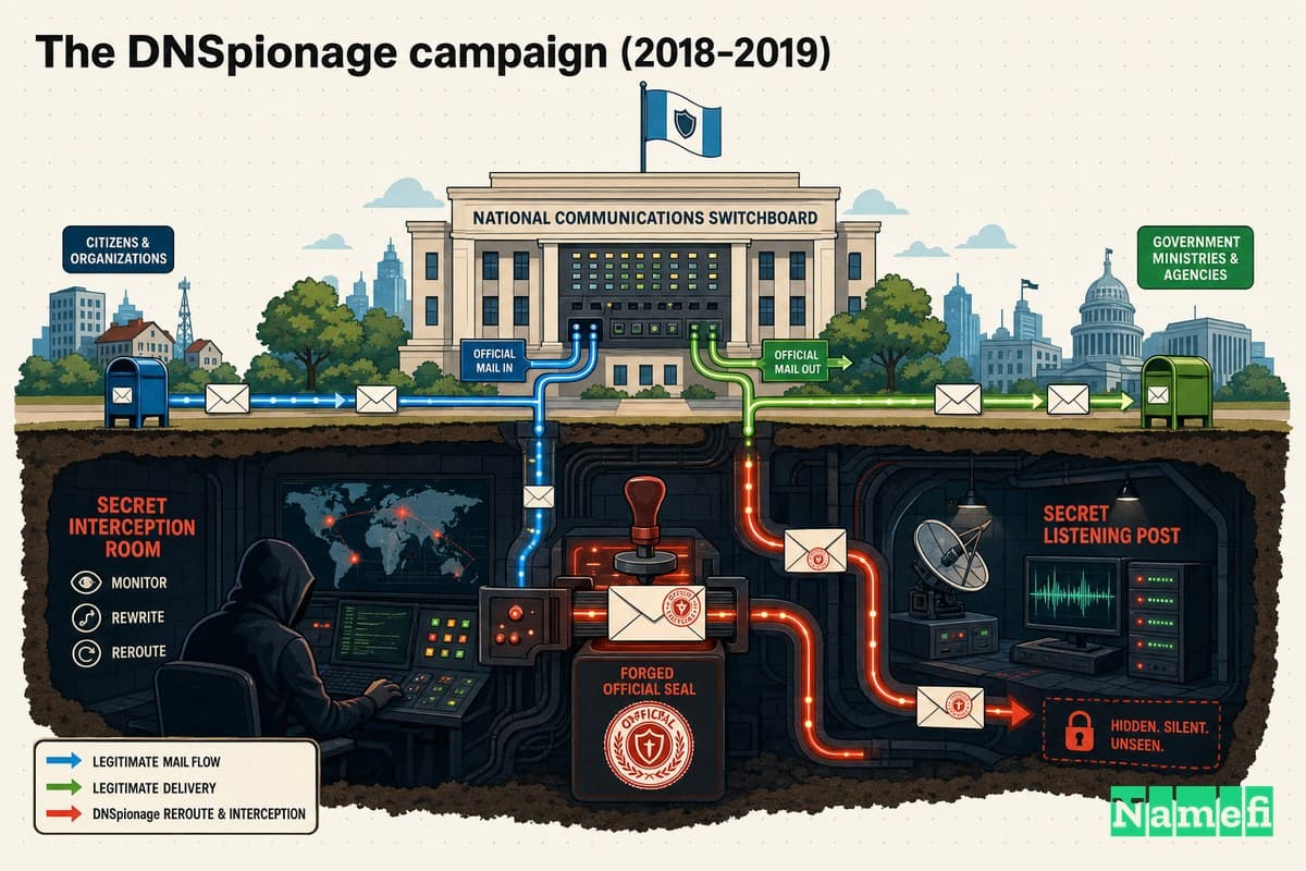 A vivid colorful concept illustration of a hidden interception room beneath a national switchboard, where a shadowy operator quietly reroutes a country's mail through forged official seals, glowing data cables splitting toward a secret listening post