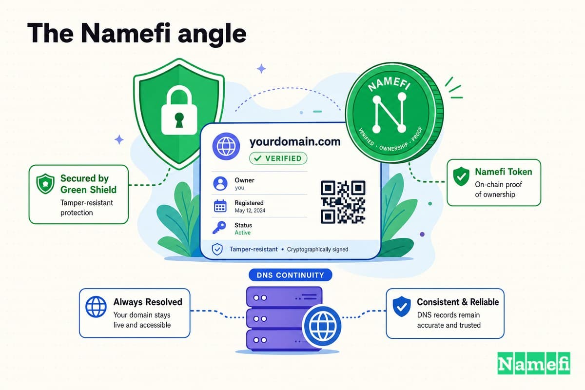 Colorful illustration of verifiable, tamper-resistant domain ownership — a domain card secured by a green shield, a green Namefi token, and DNS continuity