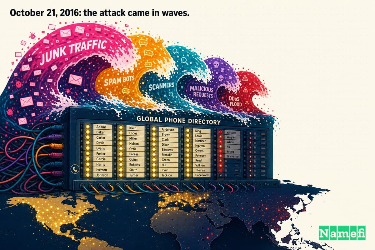 Vivid colorful concept art of a tidal wave of glowing junk traffic crashing over a giant illuminated phone-book switchboard, the directory lights flickering out across a dark map