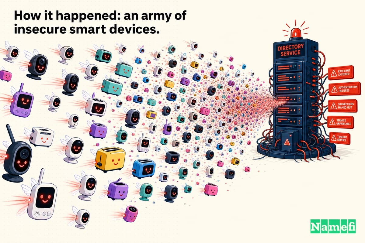 Vivid colorful concept art of thousands of tiny smiling hacked smart-cameras, toasters and baby monitors swarming like glowing insects toward a single overloaded directory tower